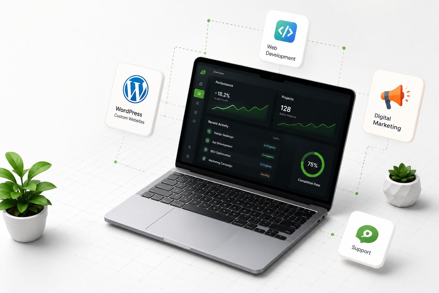 Laptop showcasing digital development and marketing services